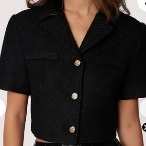 Black cropped Jacket with Faux Leather Collar